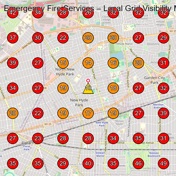 Emergency Fire Services GeoGrid visibility map for Lawn Irrigation Equipment Supplier in New Hyde Park